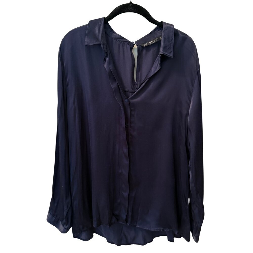 Zara, Satin Button-down Blouse, XXL, Navy